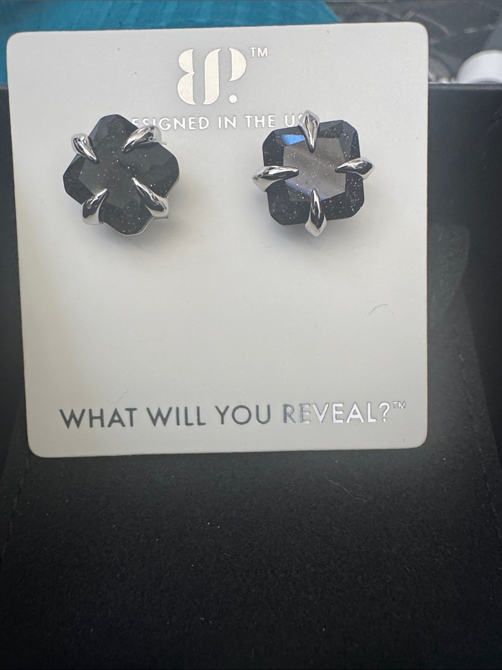 bp Dark Blue Glitter Clover Stud Earrings with Silver Prongs